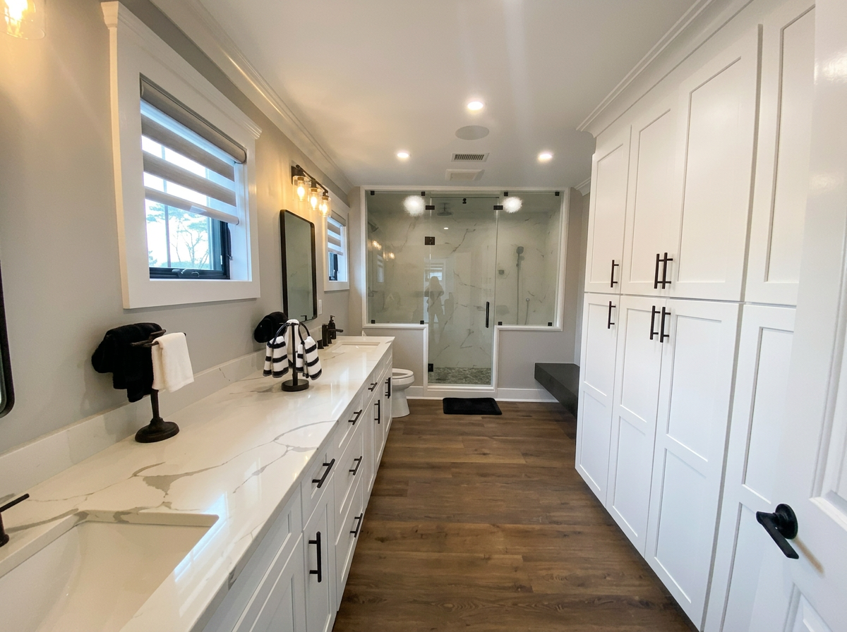 Bright coastal master bathroom